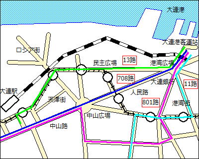 【地図】大連港にアクセスする公共バスの路線図